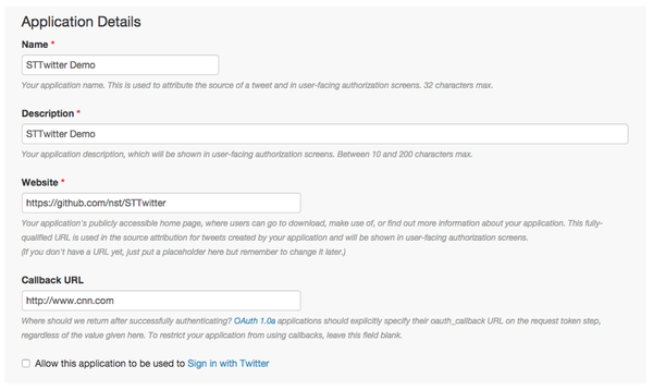 STTwitter Twitter App Settings